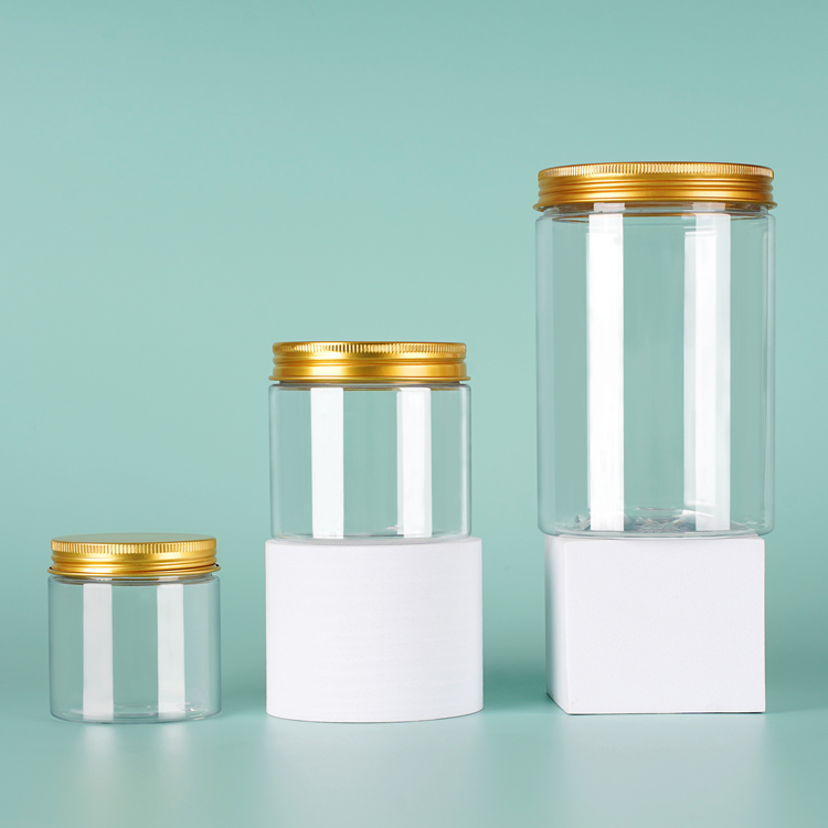 Empty Plastic Clear Jar 200ml 250ml 300ml 400ml 500ml PET Jar with Aluminum Gold Caps